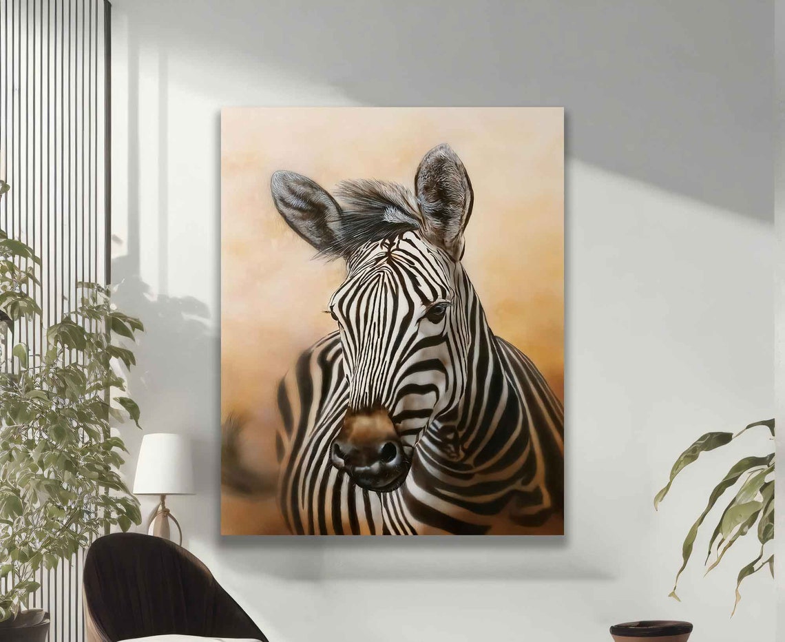 Zebra Portrait Striking Black White Stripes Warm Neutral Art Poster - Image 2