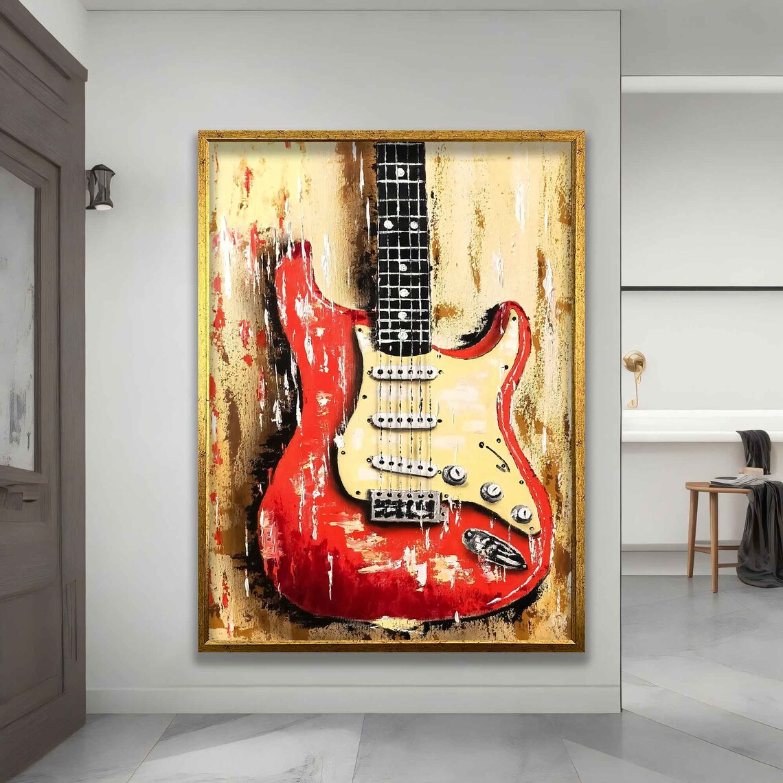 Red Electric Guitar Painting Vintage Rock Music Art Wall Poster - Image 3