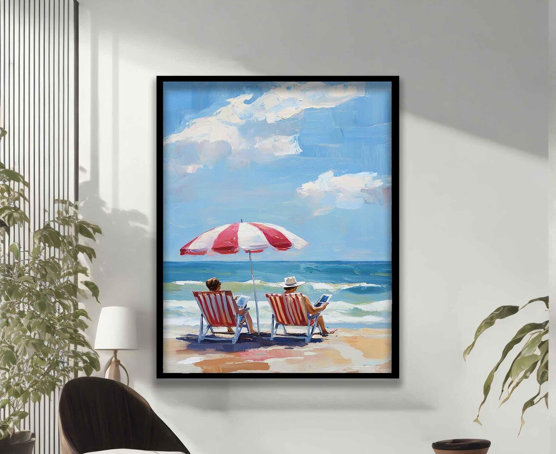 Red White Striped Umbrella Beach Couple Ocean View Painting Poster - Image 3