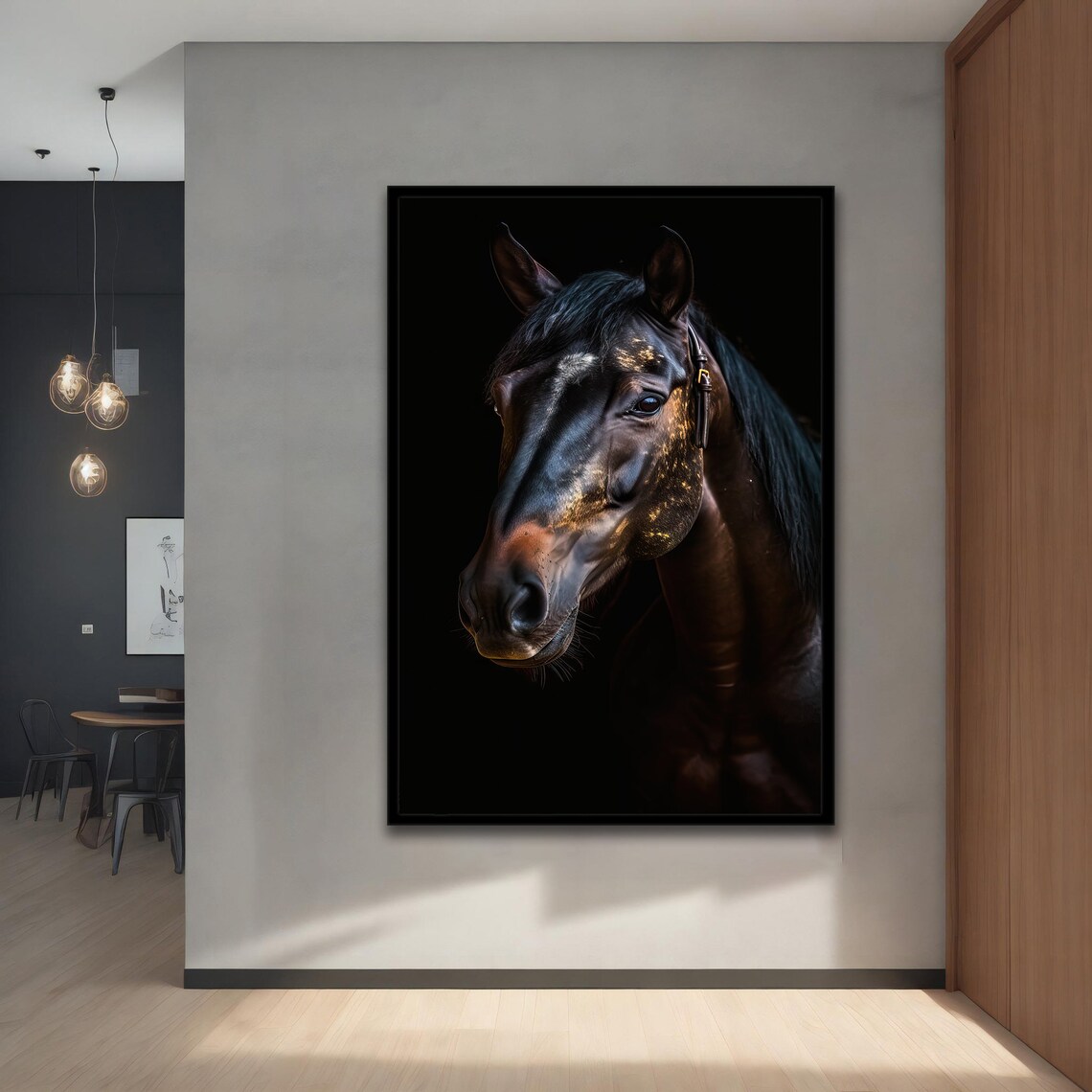 Dark Horse Head Portrait Dramatic Black Golden Light Art Print - Image 4
