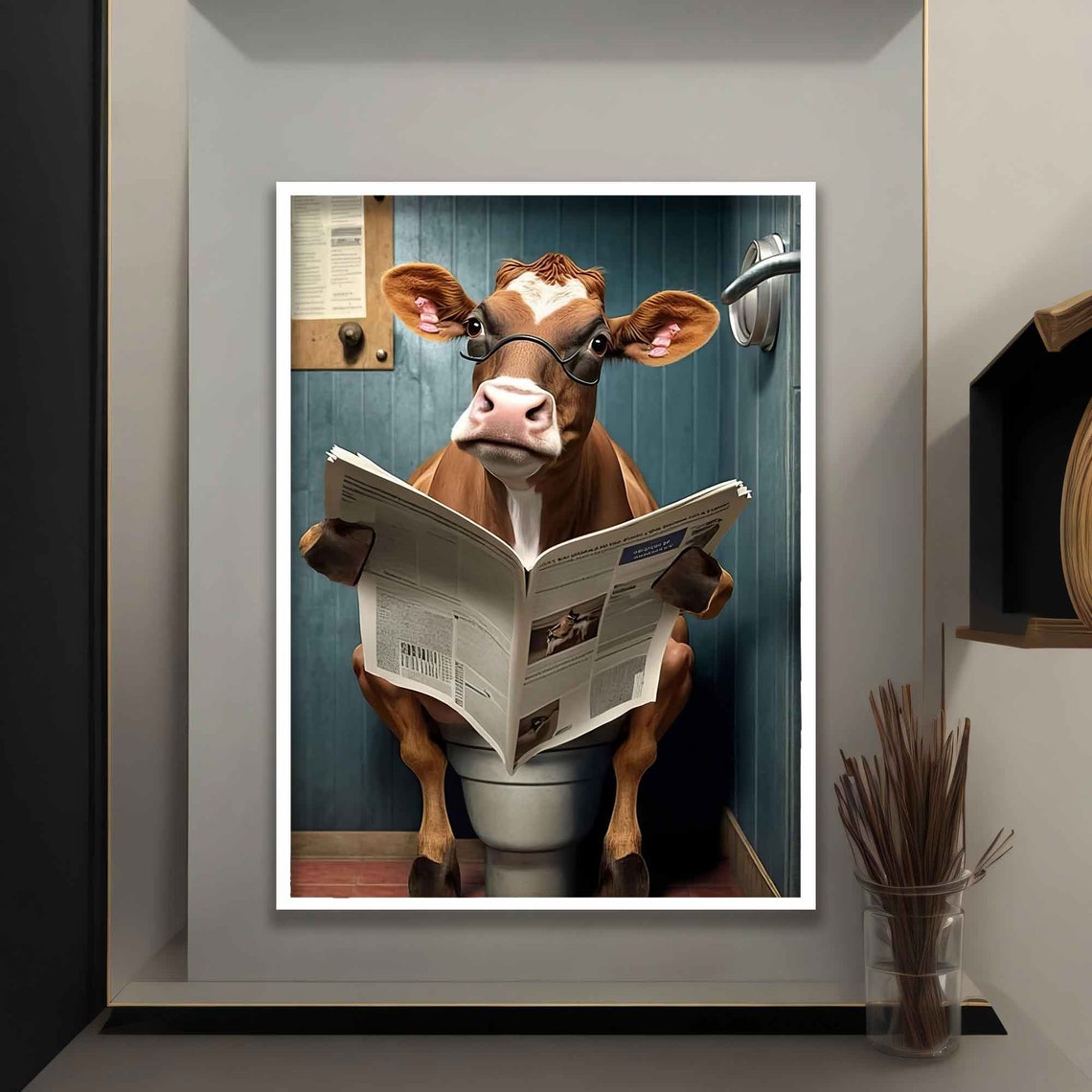 Painting Of A Cow Reading The Newspaper On The Toilet Funny Cow Painting Cow Poster Pop Art Cow Art - Image 4