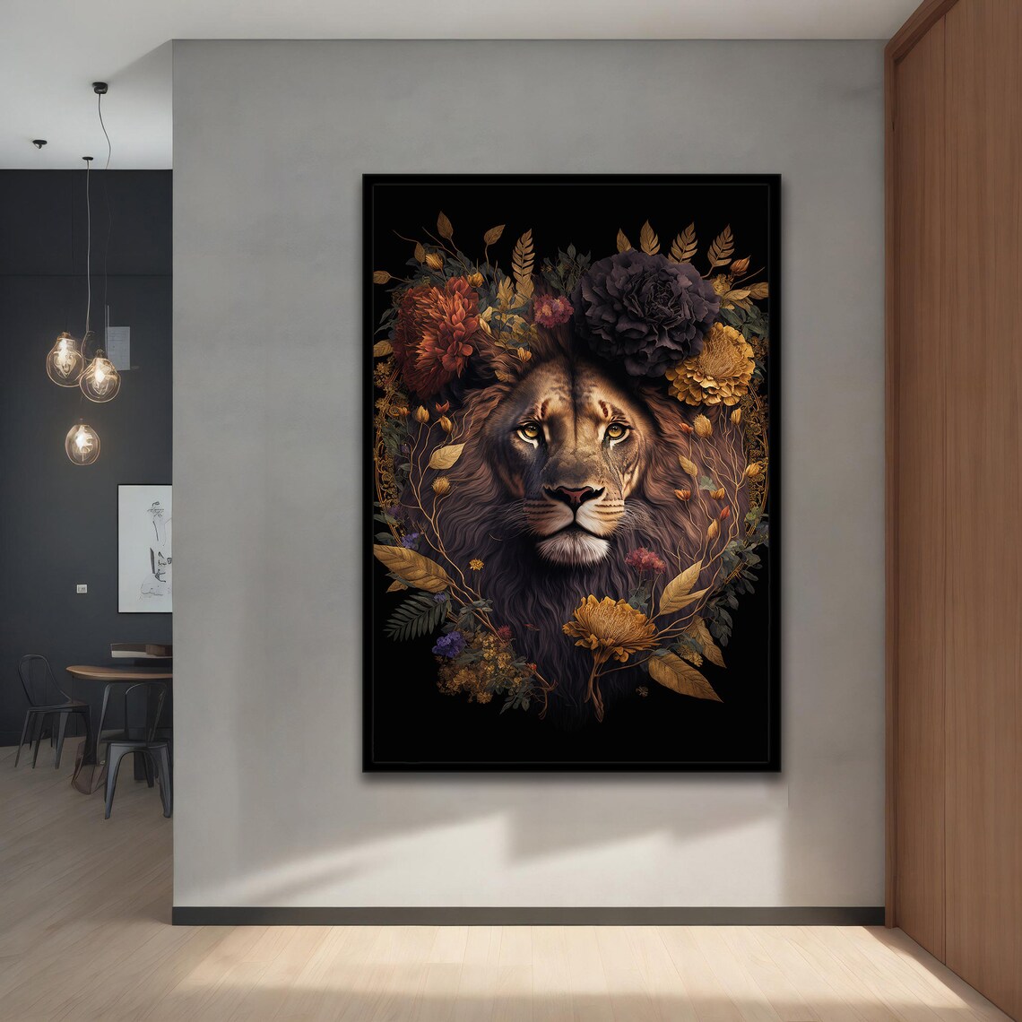 Lion Face Surrounded By Dark Floral Bloom Crown Burgundy Poster - Image 3