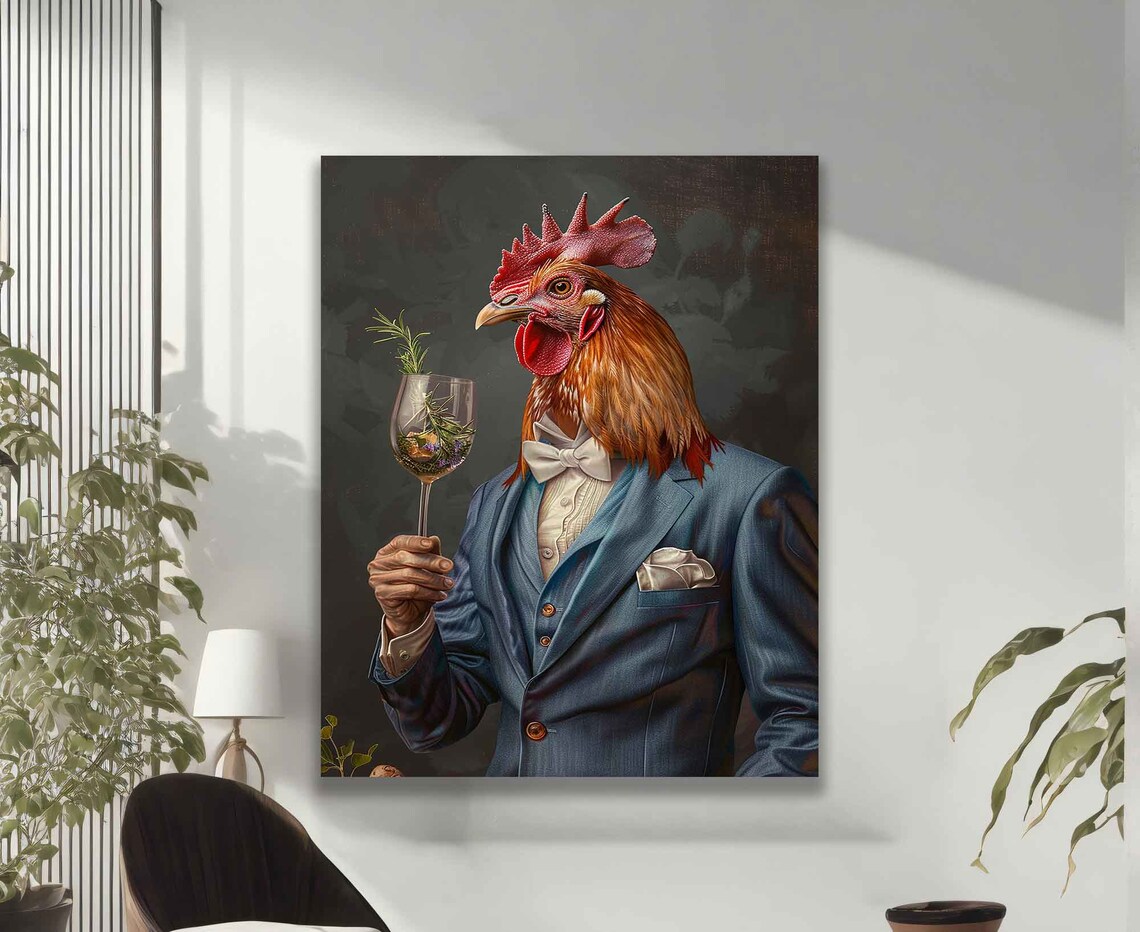 Dapper Rooster Blue Suit Bow Tie Holding Wine Glass Whimsical Poster - Image 2
