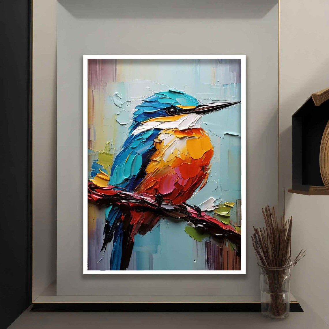 Kingfisher Bird Impasto Paint Blue Orange Branch Art Wall Poster - Image 4