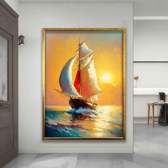Ship At Sunset Wall Art Ship Poster Boat Poster Ship Painting Ship Print