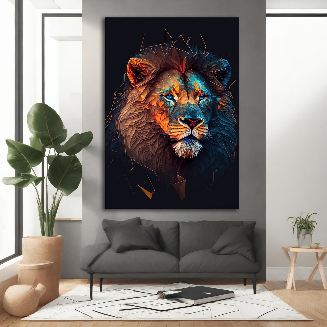 Geometric Low Poly Lion Face Blue Orange Modern Digital Poster - Image 3