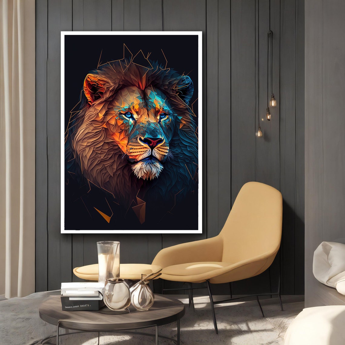 Geometric Low Poly Lion Face Blue Orange Modern Digital Poster - Image 2