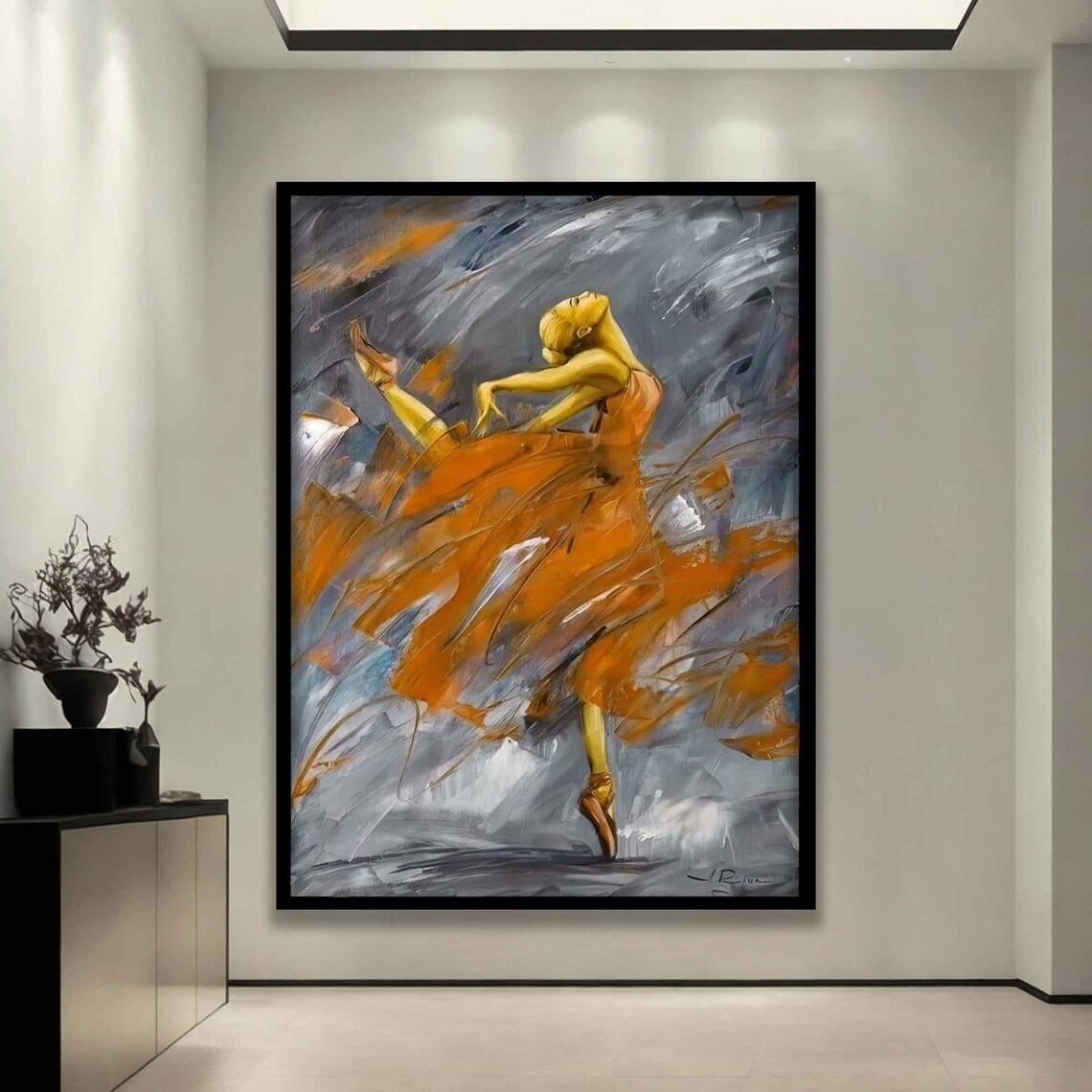 Ballerina Twirling Orange Skirt Gray Abstract Painting Wall Poster - Image 3