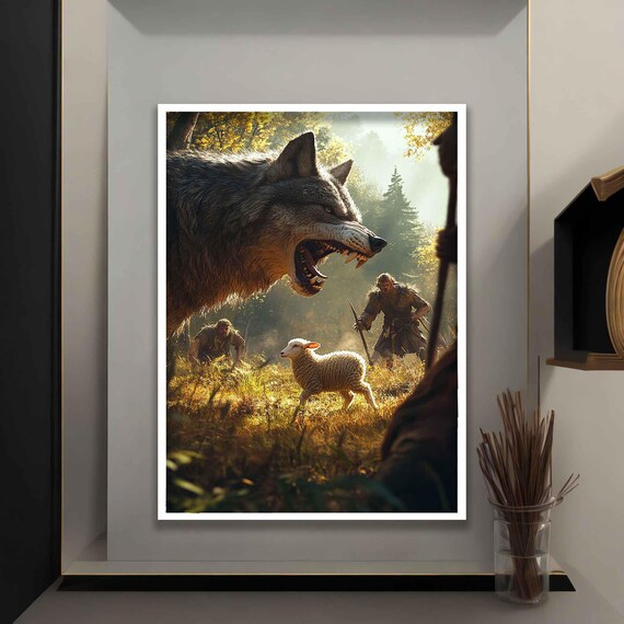 Jesus Shepherd Staff Shielding Lamb From Giant Wolf Autumn Poster