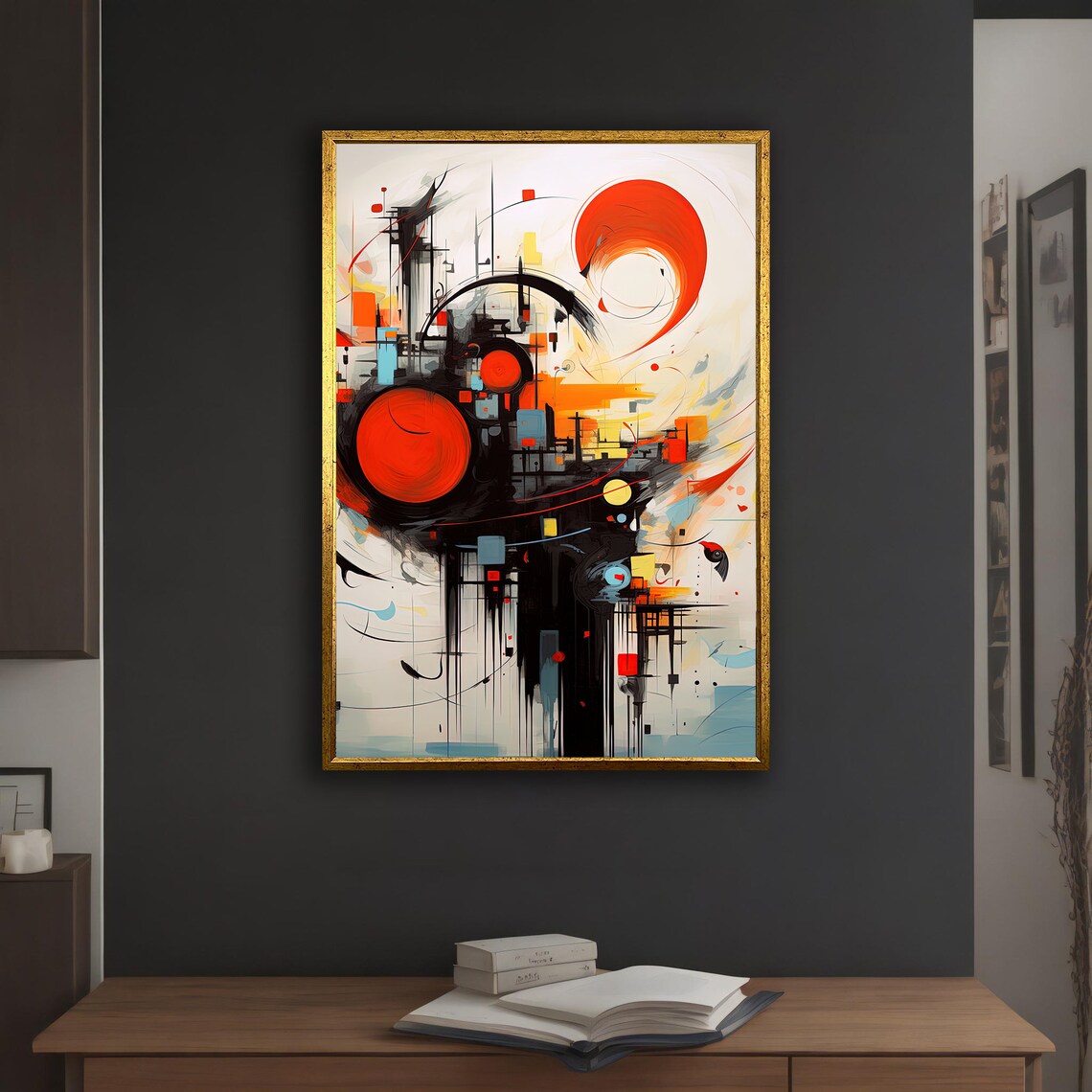 Abstract Black Line Art Red Circles Modern Urban Sketch Wall Art - Image 3