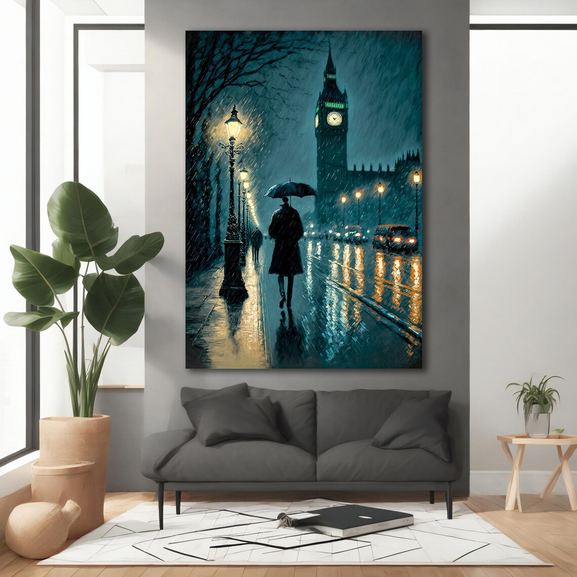 London Big Ben Rainy Night Umbrella Man Moody Street Travel Poster - Image 2
