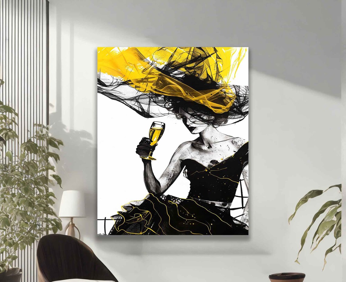 Elegant Woman Champagne Dramatic Yellow Black Veil Fashion Art Poster - Image 2