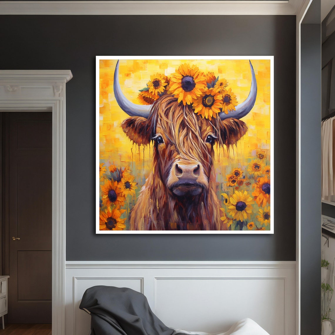 Cow Cow With Sunflowers Painting Bull On Bull Wall Art Bull Print Bull Poster Longhorn Bull Buffalo Poster - Image 3