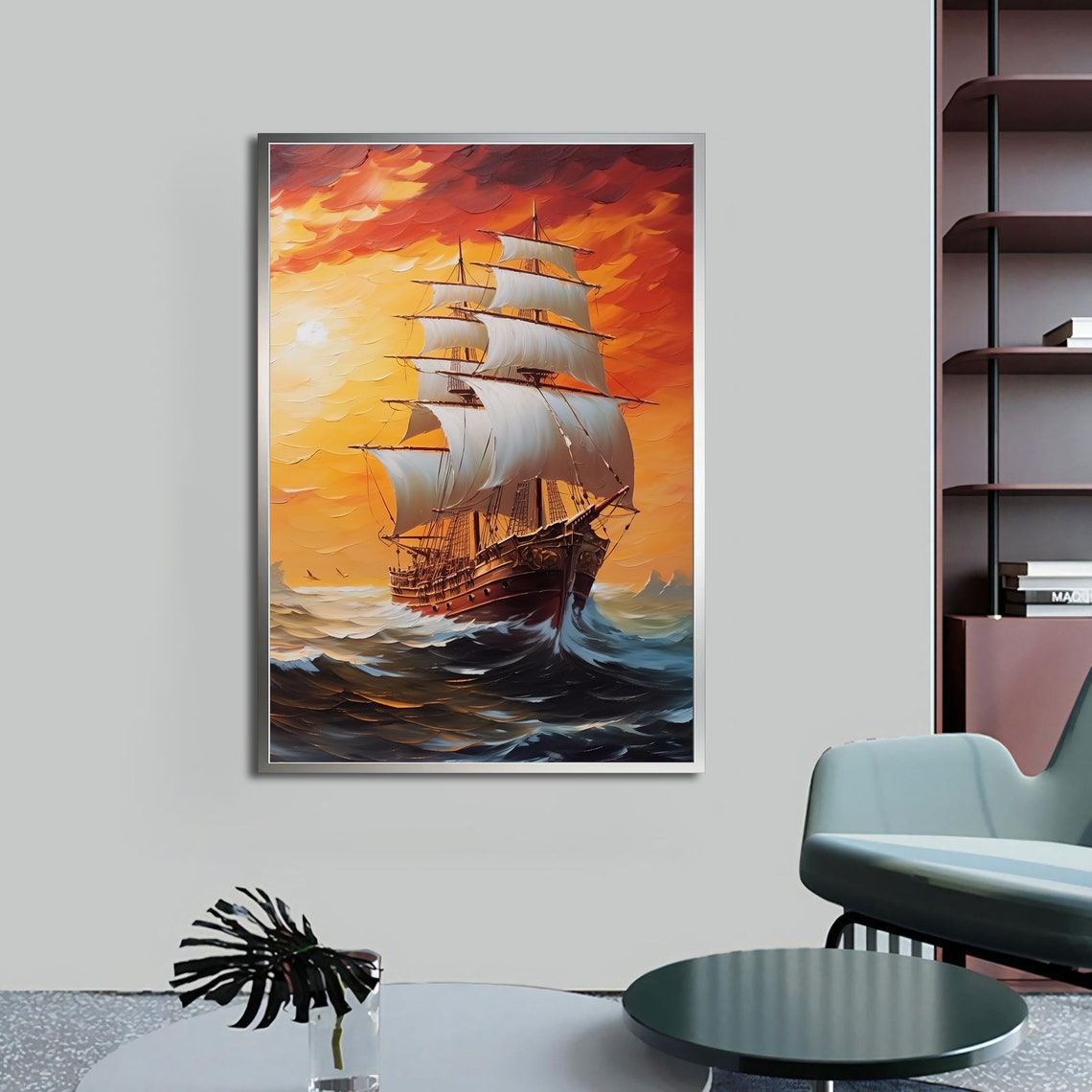 Tall Ship White Sails Dramatic Orange Sunset Clouds Ocean Art Poster - Image 3