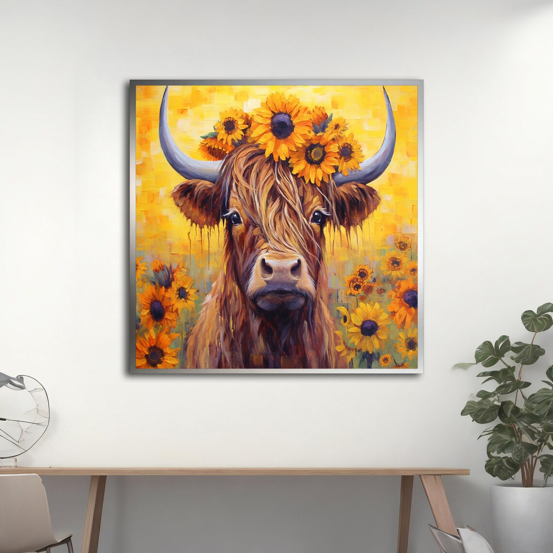 Highland Cow With Sunflower Crown Yellow Field Painting Poster - Image 4