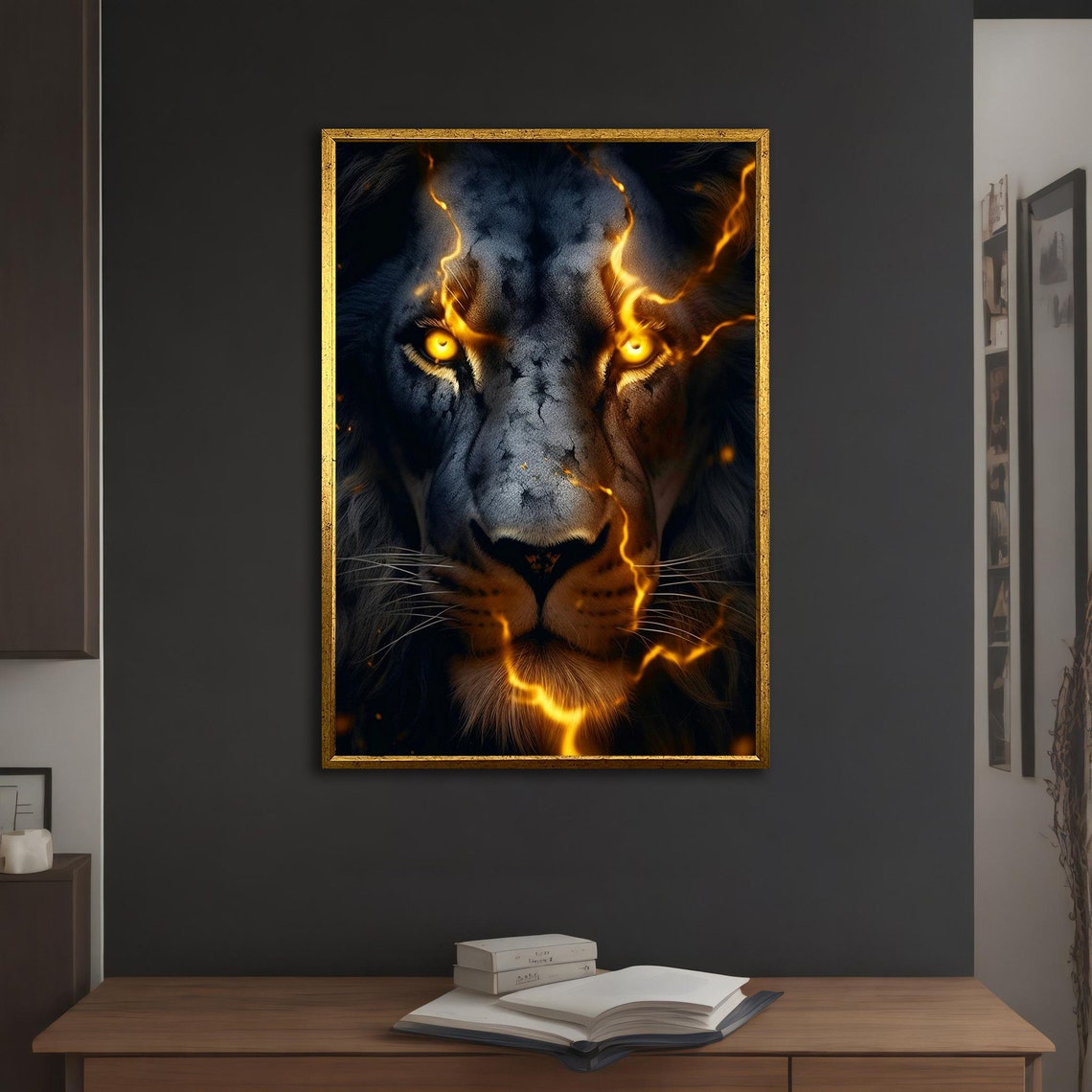 Black Lion Fire Face Golden Lightning Cracks Glowing Eyes Poster - Image 5