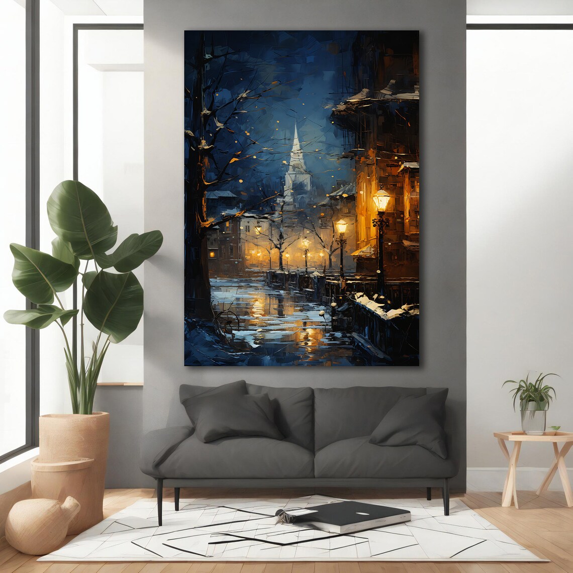 Winter Night Old Town Church Spire Lamp Glow Snowy Street Art Poster - Image 3
