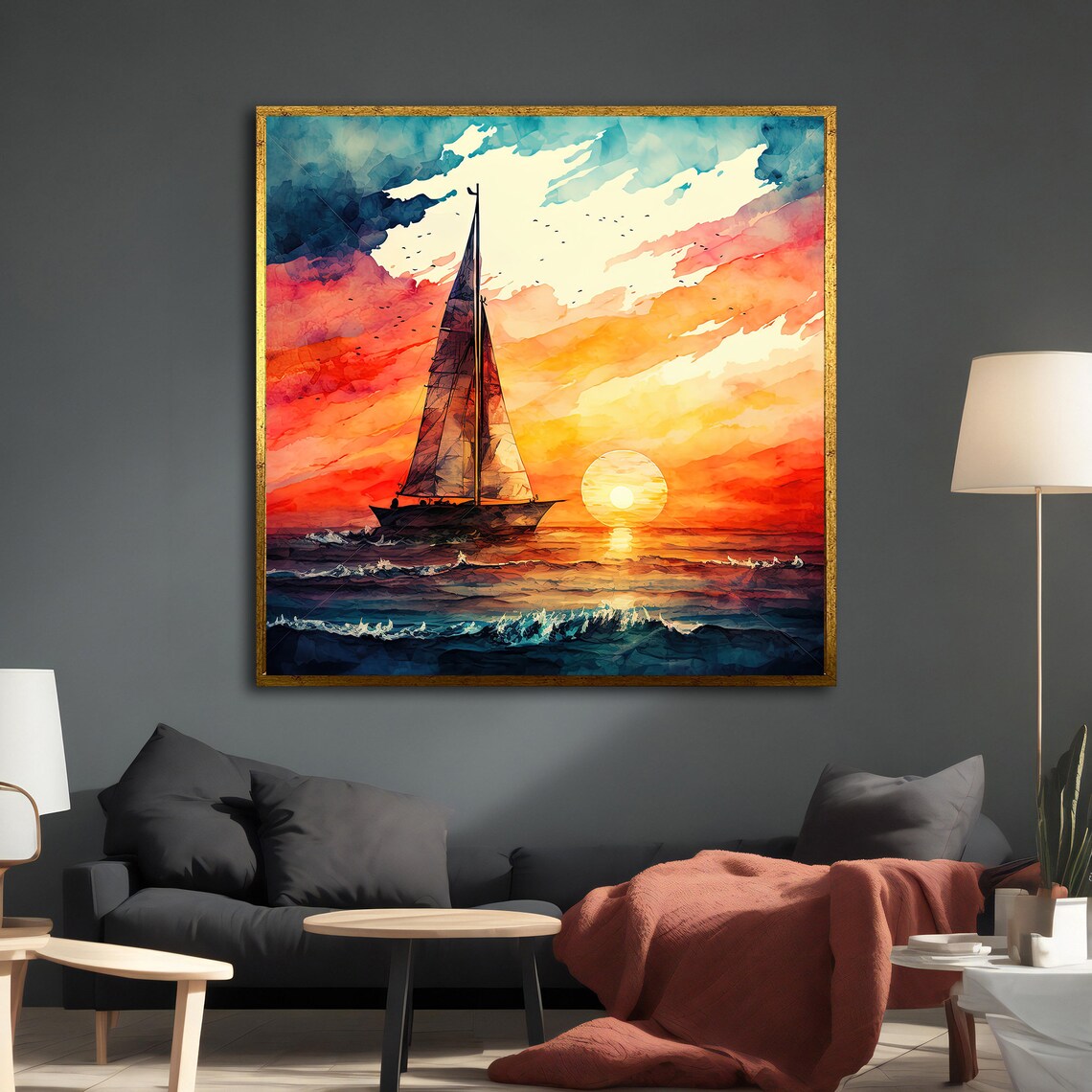 Sailboat Sunset Watercolor Vibrant Red Sky Ocean Sailing Poster - Image 2