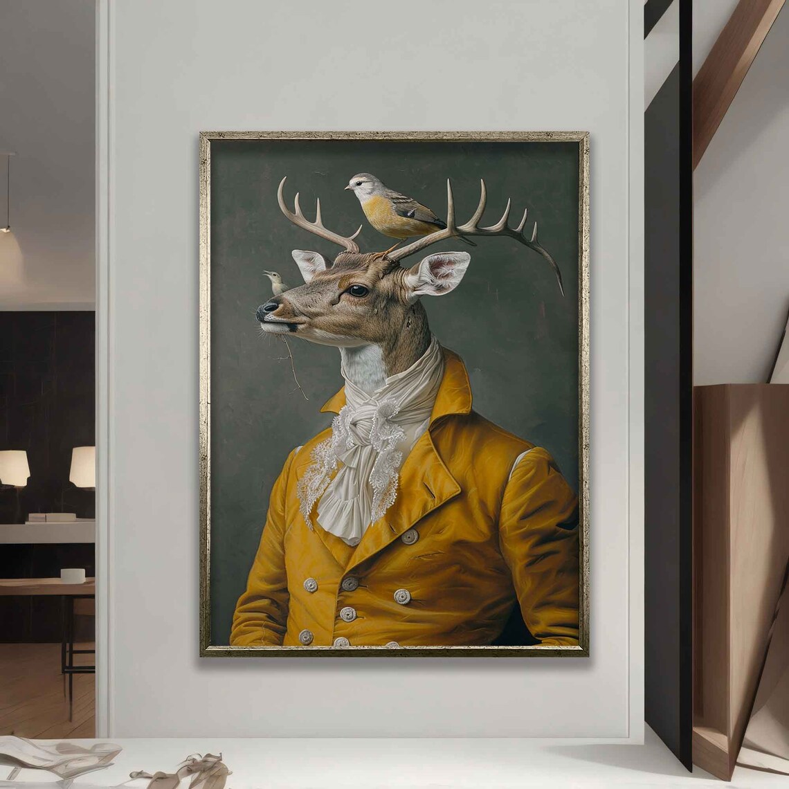 Noble Stag Profile Yellow Coat Lace Cravat Birds On Antlers Art Poster - Image 5