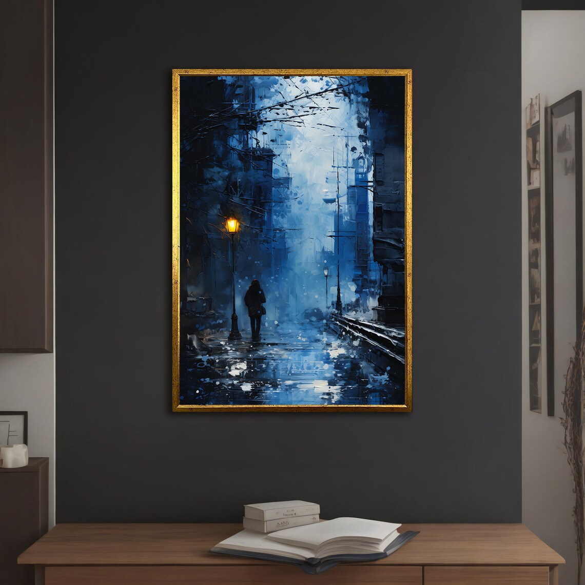 Blue Rainy City Street Night Umbrella Figure Lamp Glow Oil Art Poster - Image 3
