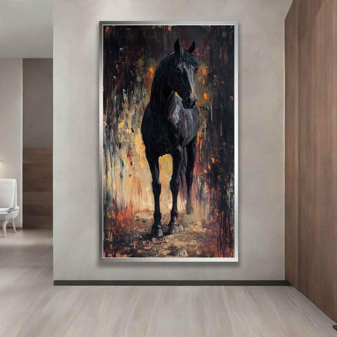 Black Horse Standing Front In Dark Abstract Golden Texture Art Poster - Image 3