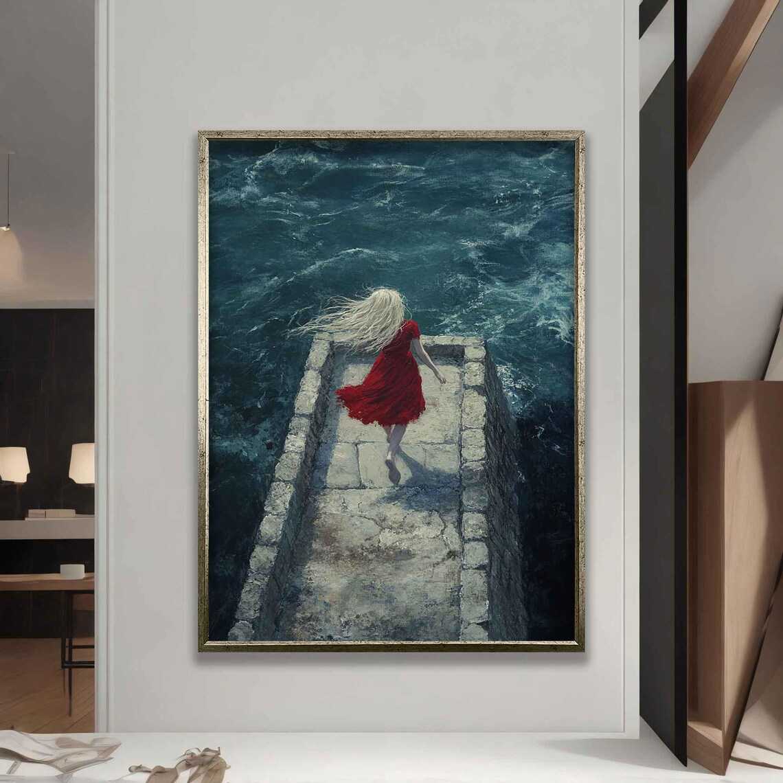 Blonde Woman Red Dress Running Stone Jetty Over Stormy Sea Poster
