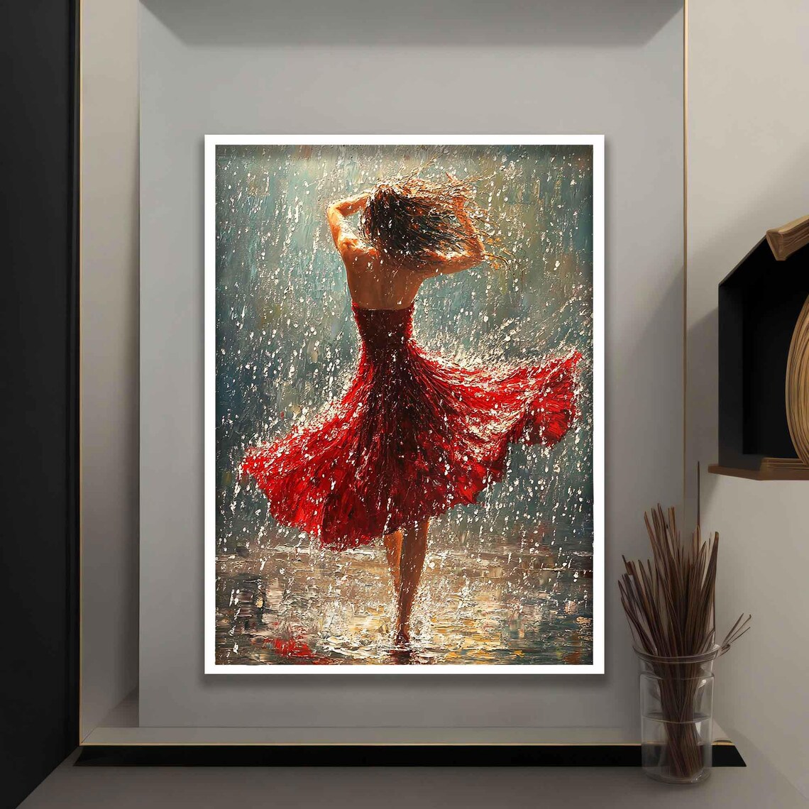 Woman In Red Dress Dancing In Rain Splashing Water Romantic Art Print - Image 4