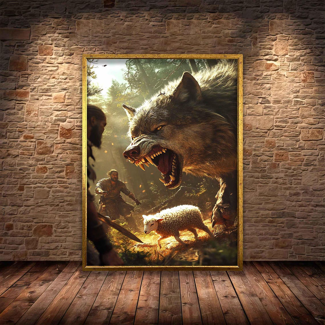 Jesus Rescuing Lamb From Giant Wolf Forest Christian Art Poster