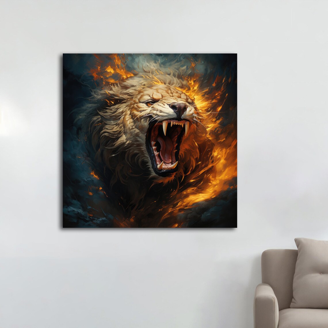 Roaring Lion Head In Flames Fiery Mane Dark Smoke Animal Art Poster - Image 4