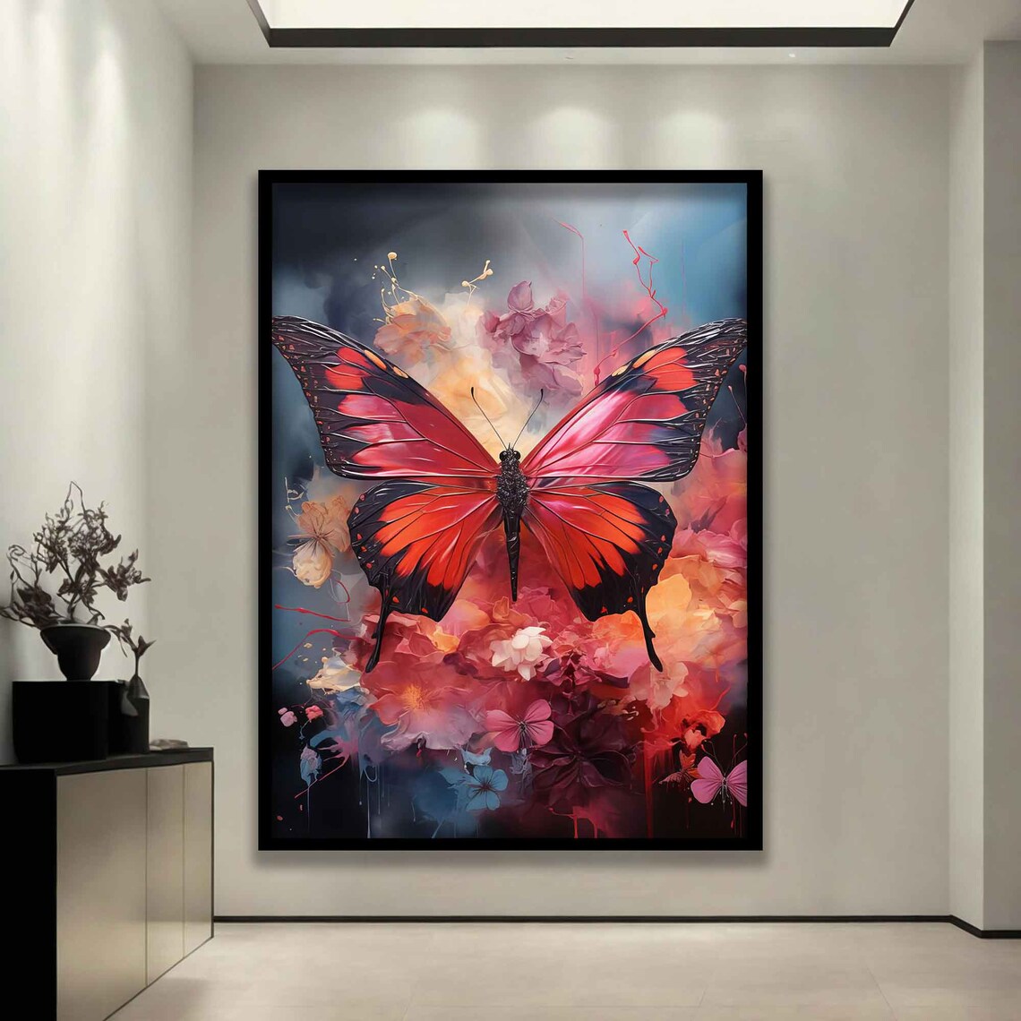 Pink Butterfly with Blossom Floral Burst Colorful Art Wall Poster - Image 3