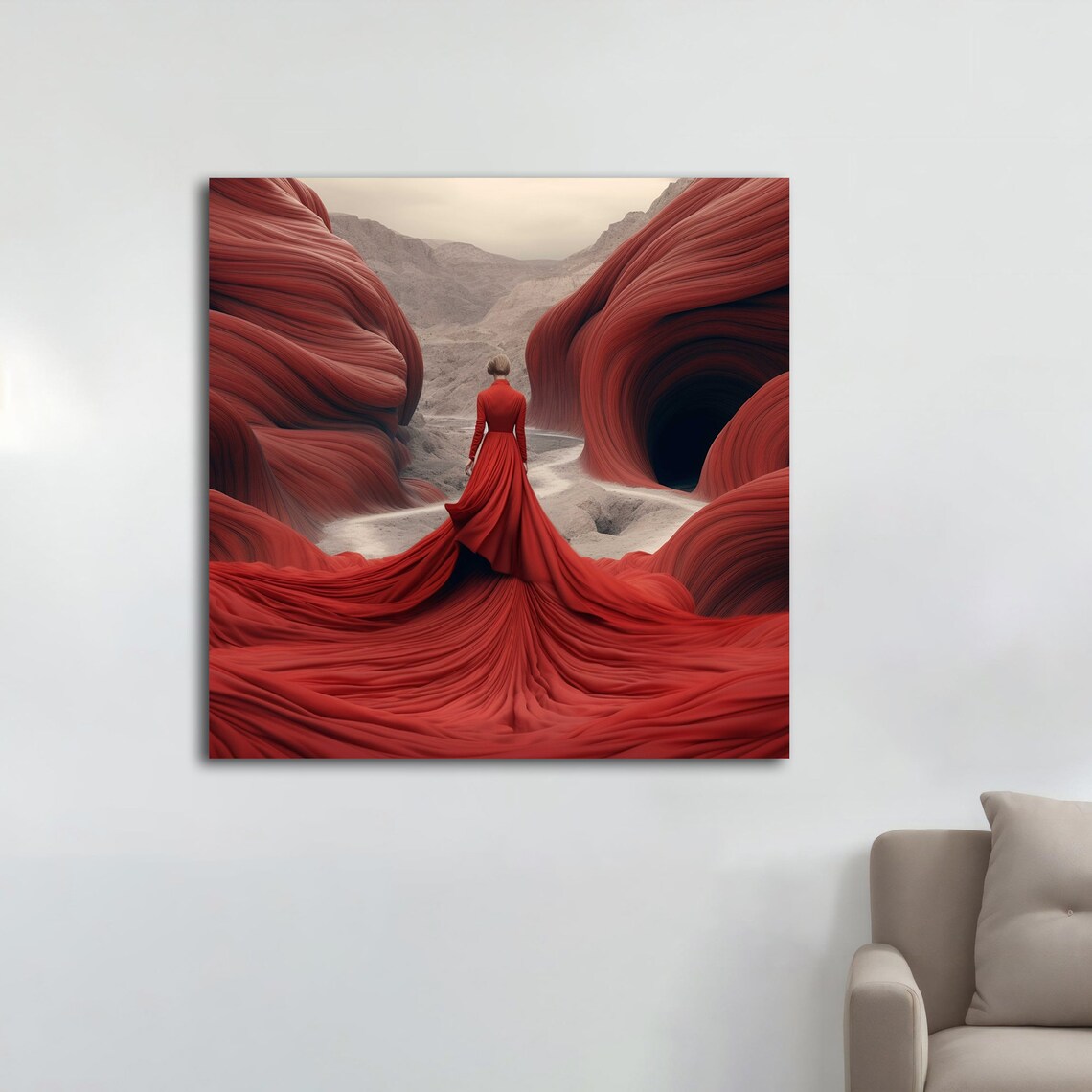Woman Red Dress Surreal Flowing Red Canyon Desert Landscape Poster - Image 5