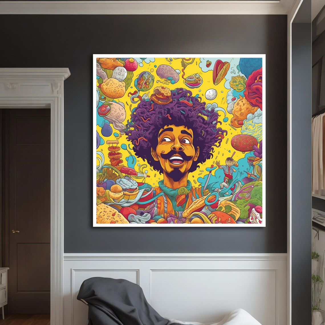 Cheerful Man With Purple Afro Psychedelic Doodle Food Pop Art Poster - Image 5