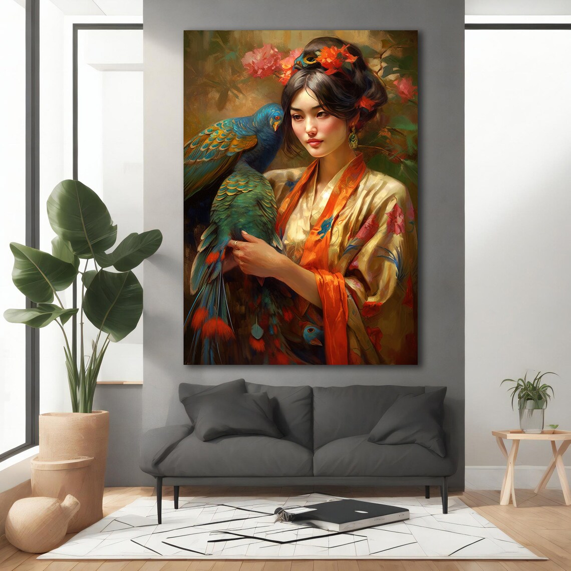 Asian Woman Floral Kimono Parrot Colorful Flowers Traditional Poster - Image 3