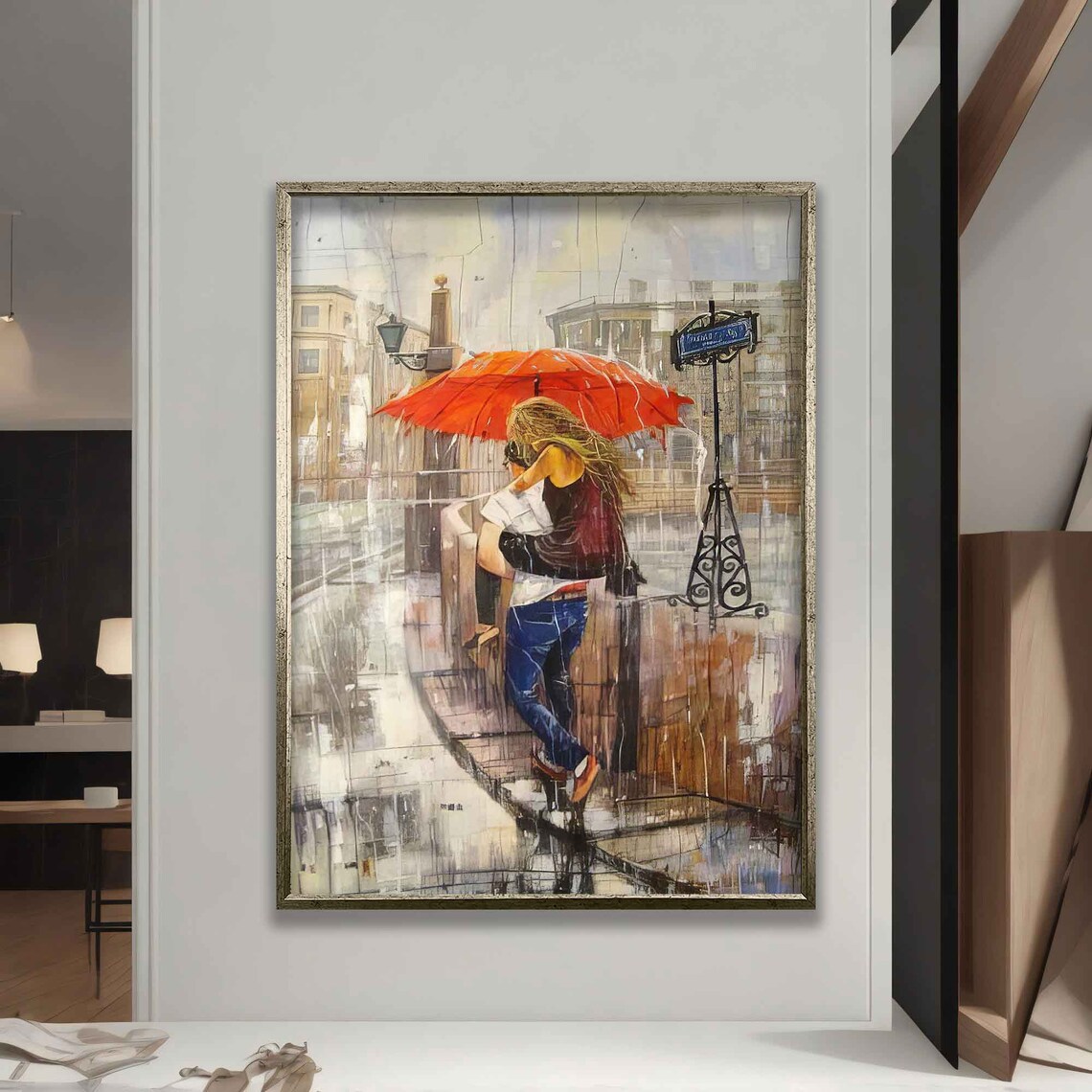 Lovers Kissing Under Red Umbrella Rainy Paris Street Romantic Poster - Image 5