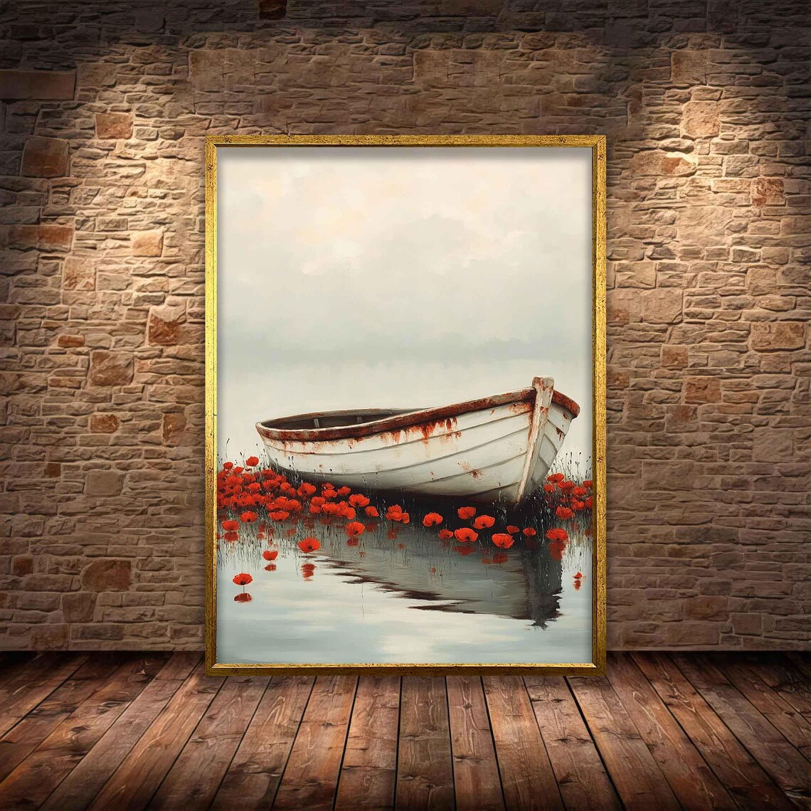 Weathered White Rowboat Among Red Poppies Seascape Painting Poster