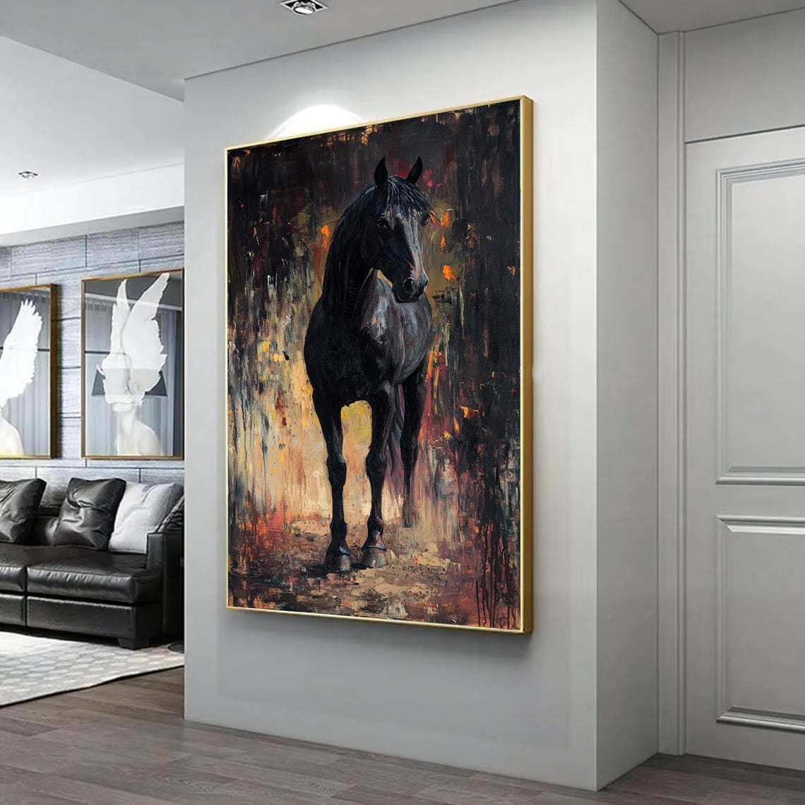 Black Horse Standing Front In Dark Abstract Golden Texture Art Poster