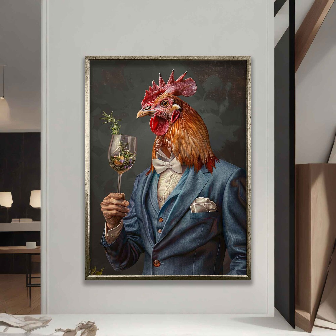 Dapper Rooster Blue Suit Bow Tie Holding Wine Glass Whimsical Poster - Image 5