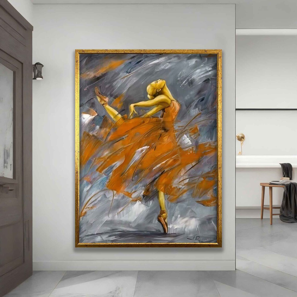 Ballerina Twirling Orange Skirt Gray Abstract Painting Wall Poster