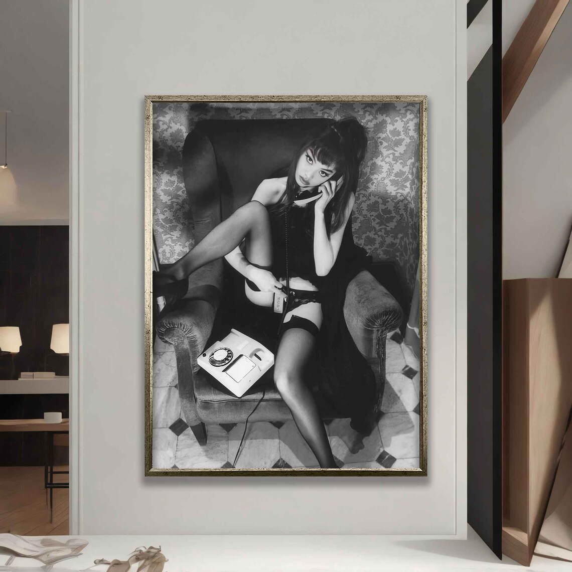 Vintage Woman Talking On Phone Black White Retro Glamour Pin Up Wall Print - Image 5