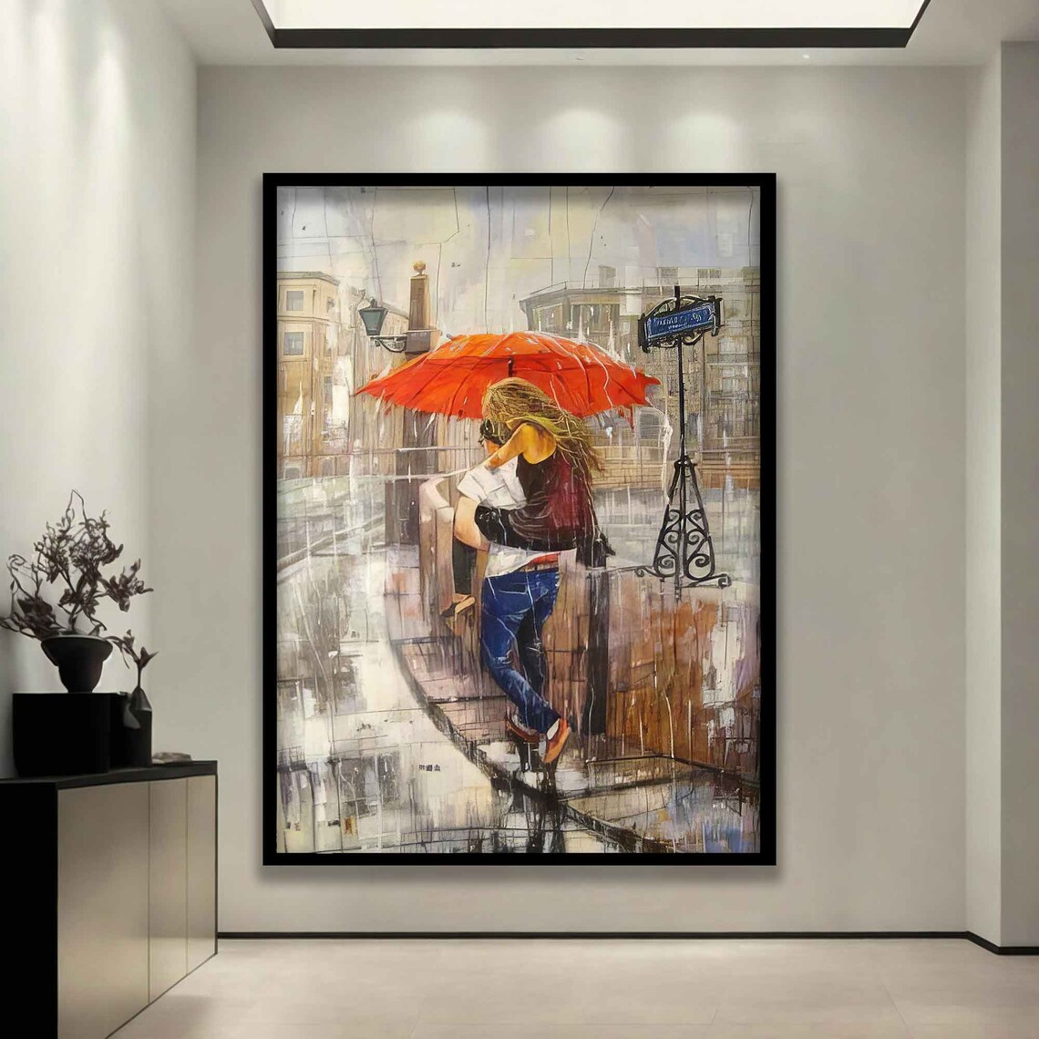 Lovers Kissing Under Red Umbrella Rainy Paris Street Romantic Poster - Image 3
