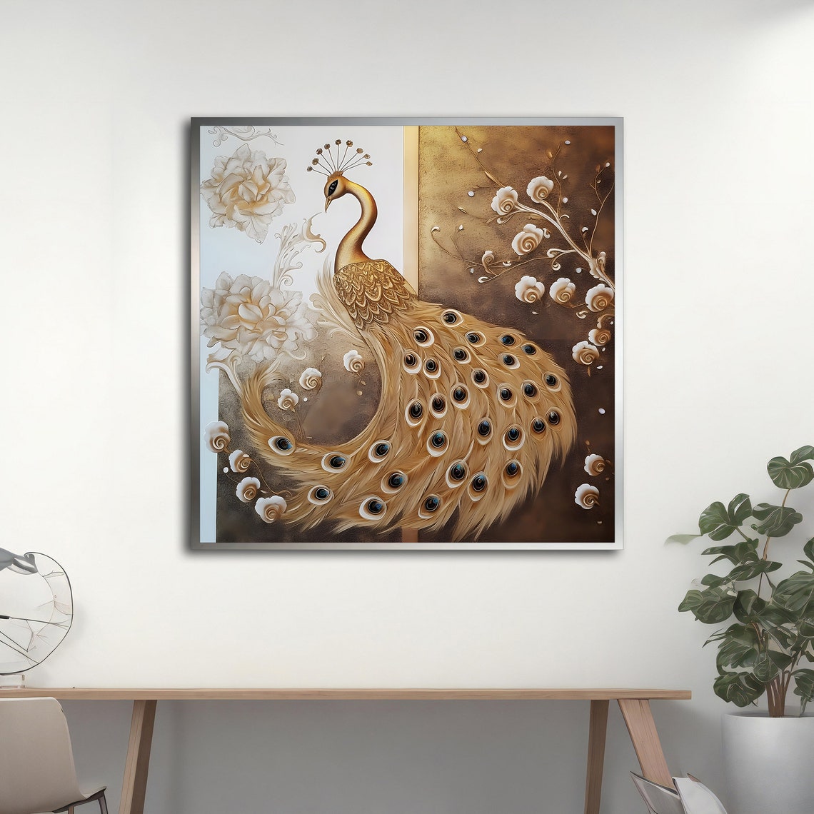 Golden Peacock With Fanned Tail Elegant Floral Bronze Wall Art Print - Image 4