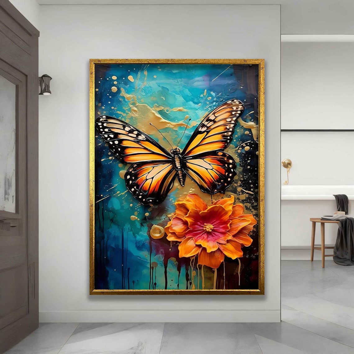 Monarch Butterfly with Orange Flower Teal Abstract Art Wall Poster - Image 4