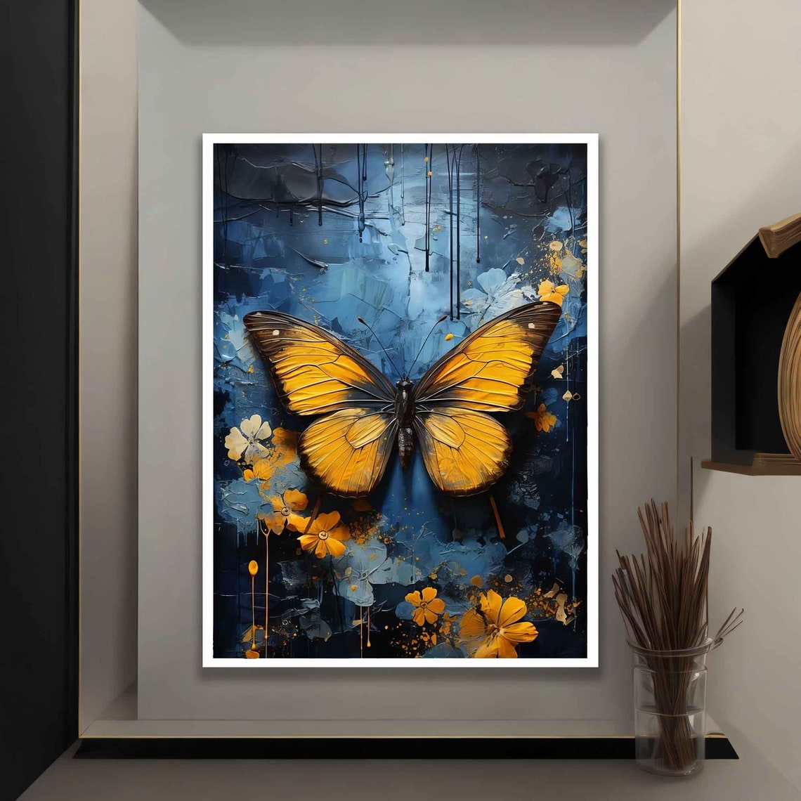 Golden Butterfly on Dark Blue Floral Abstract Art Wall Poster - Image 3