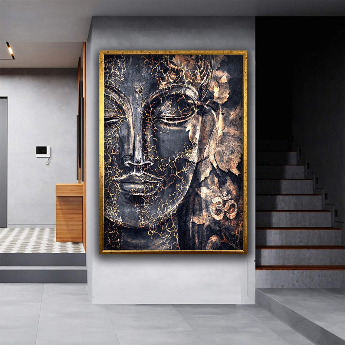Black Buddha Face Gold Crackle Ancient Stone Meditation Zen Wall Art Poster - Image 3