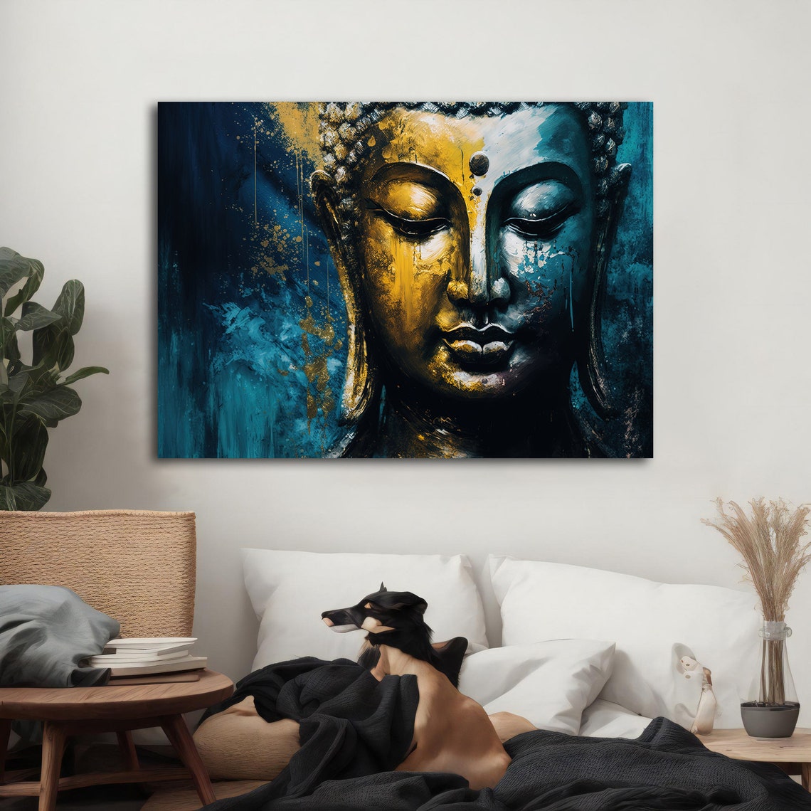 Buddha Print Buddhism Art Religious Abstract Sculpture Blue Yellow Spiritual Wall Decor Modern Art - Image 2