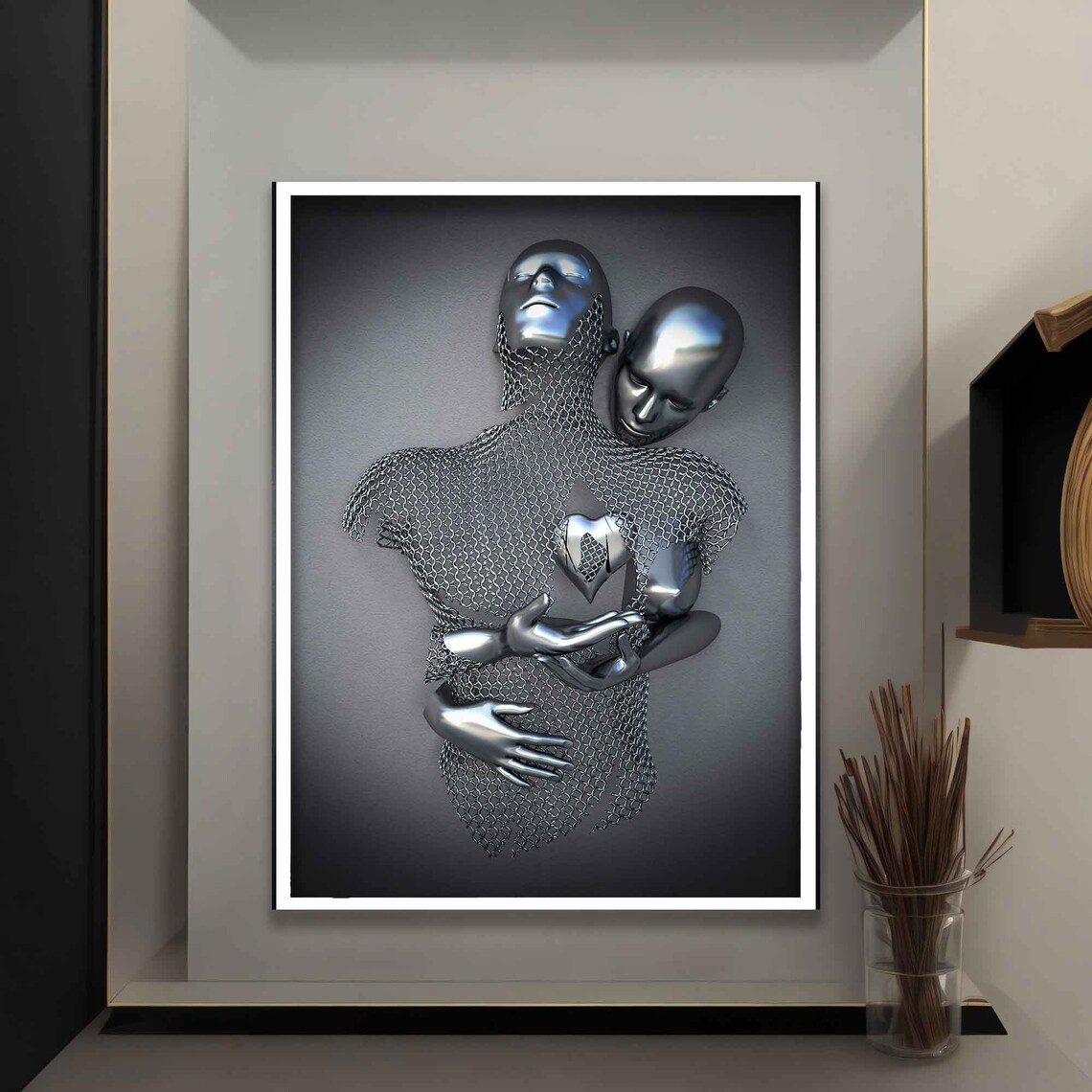 Silver Heart Love Two Figures Chainmail Sculpture Couple Art Poster - Image 5