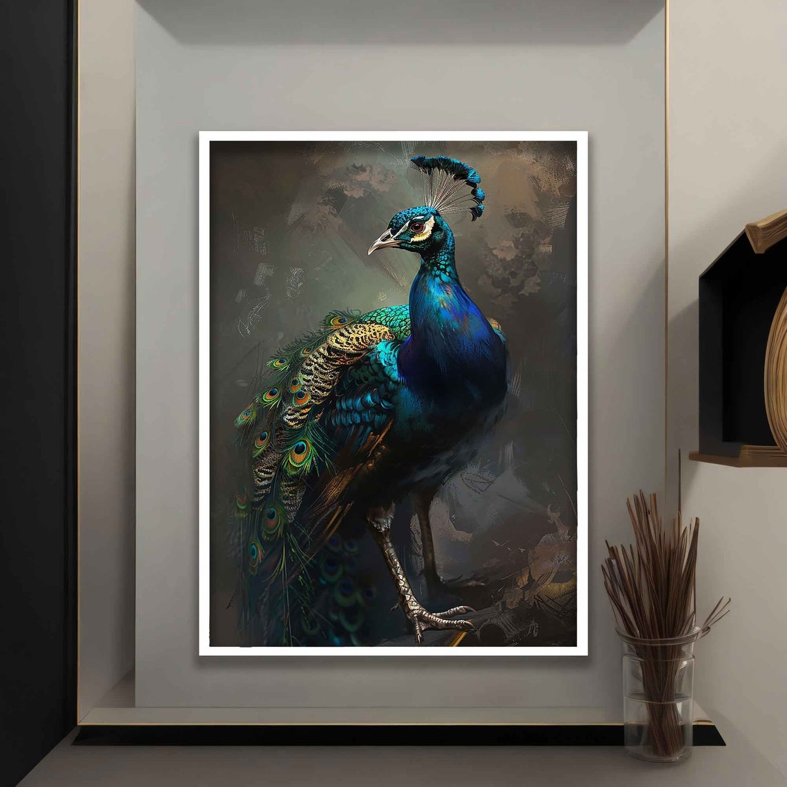 Majestic Peacock Full Body Iridescent Feathers Dark Canvas Art Poster - Image 4
