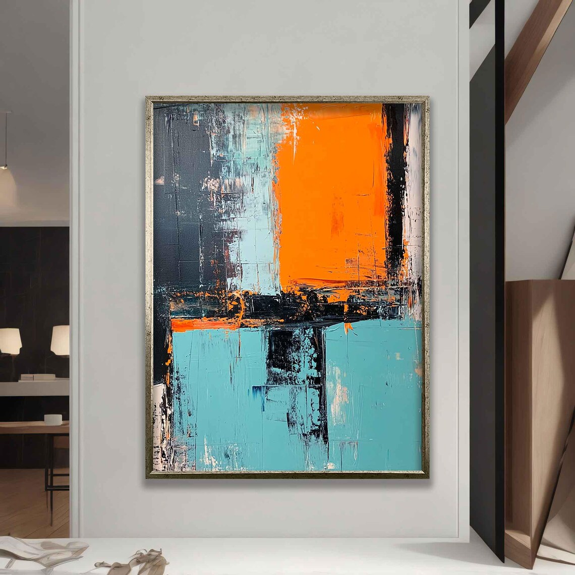 Orange And Blue Painting Abstract Wall Art Contemporary Artwork Blue Art Print Wall Decor