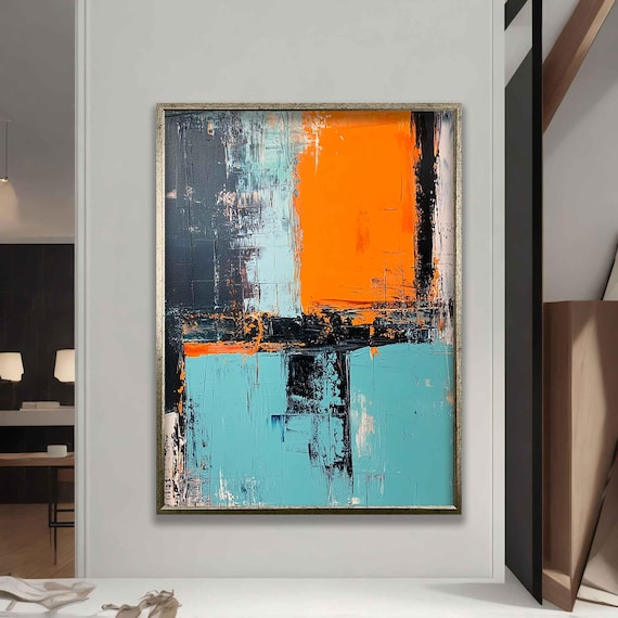 Orange And Blue Painting Abstract Wall Art Contemporary Artwork Blue Art Print Wall Decor