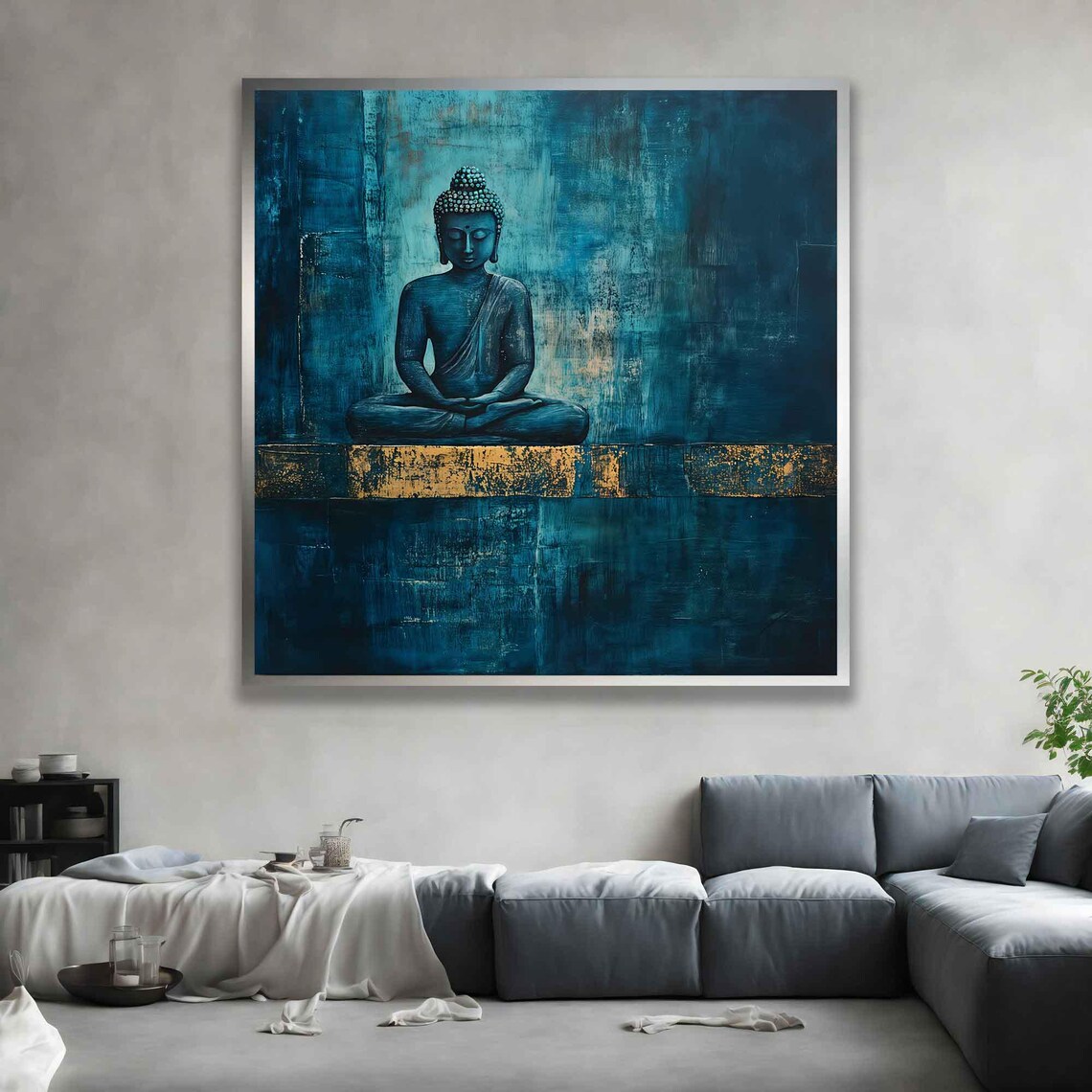 Blue Buddha Meditating Painting Teal Gold Abstract Zen Buddhist Wall Poster - Image 4
